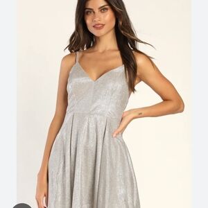 Lulu's Silver Glitter V-Neck A-Line Dress